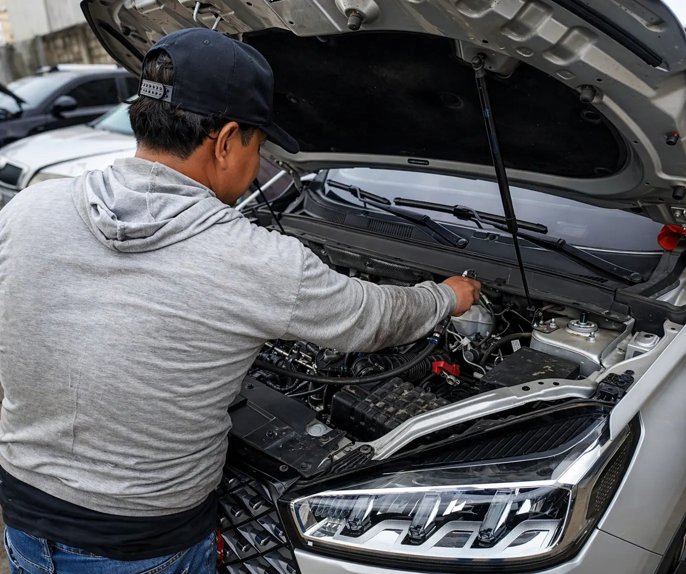 imagen de trabajador dandole mantenimiento a un vehiculo